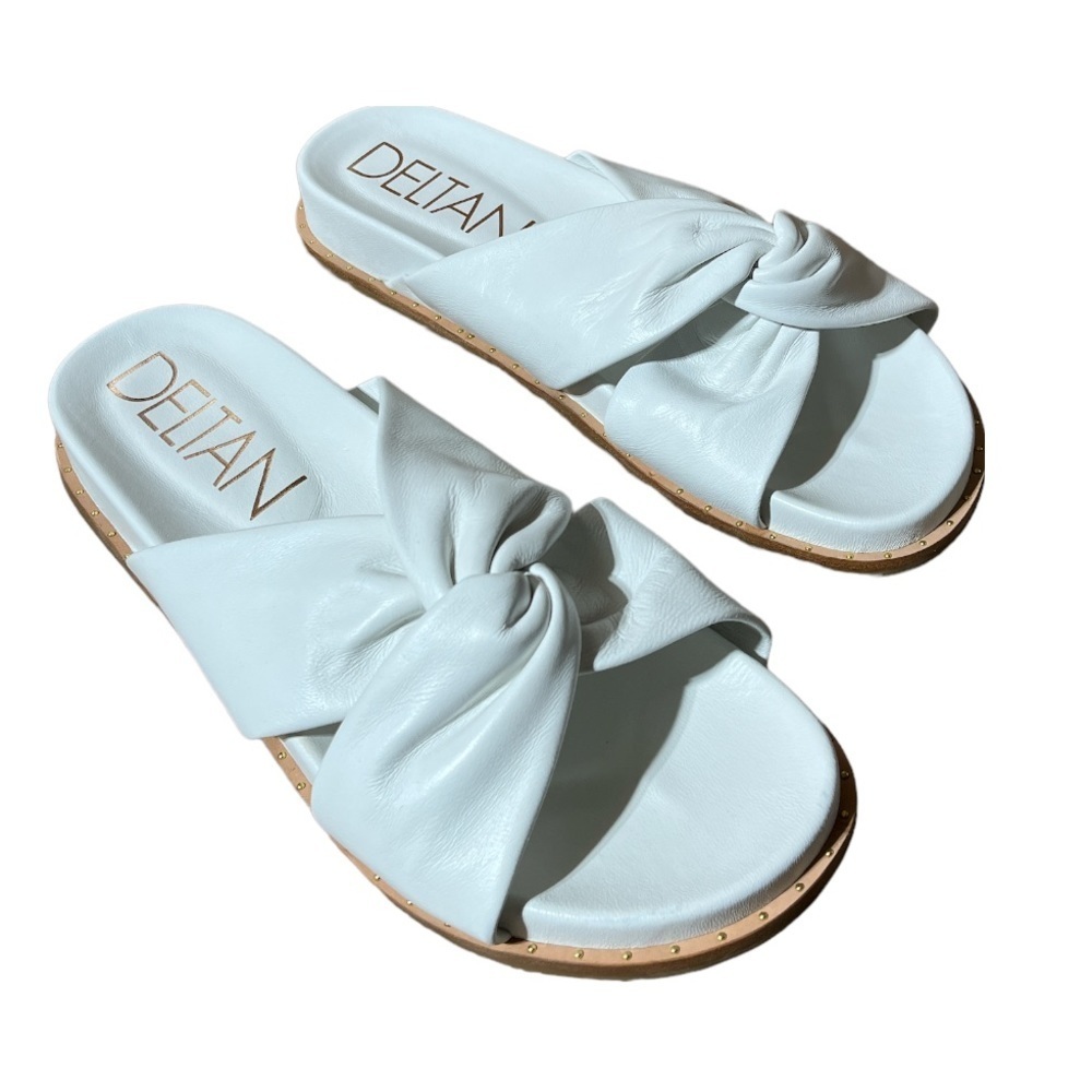 Deltan Naya White Leather Womens 9 Slides Twist Band Slipper Poolside Casual